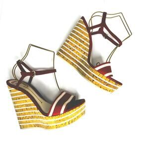 GUCCI Red White Canvas Leather Cork Wedge Summer Ankle Strap Platform Sandals 40